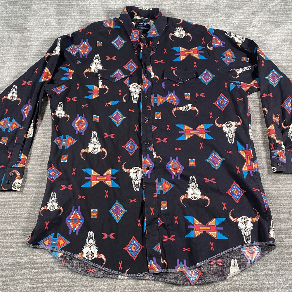 Vintage Wrangler Shirt Mens 2XLT Western Cowboy Aztec Print Long Sleeve USA